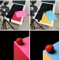 four different images of a tomato on a tripod, one with a camera and the other with post - it notes