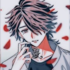 an anime character with long hair holding a cell phone to his ear and looking at the camera