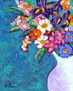 a painting of colorful flowers in a white vase on a blue and green background,