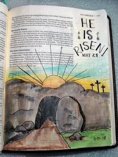 an open bible with the words he is risen on it