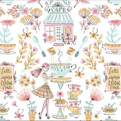 an image of a pattern with flowers and teapots