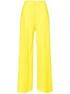 yellow virgin wool blend high waist belt loops two diagonal pockets to the sides wide leg pressed crease two rear welt pockets concealed front button, hook and zip fastening Yellow Pants, Leg Press, Palazzo Pants, Waist Belt, Bottoms Pants, Welt Pockets, Wide Leg Pants, Womens Bottoms, Wool Blend