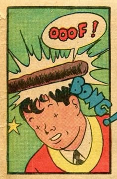 an old comic book cover with a man holding a bat over his head and the words boof on it