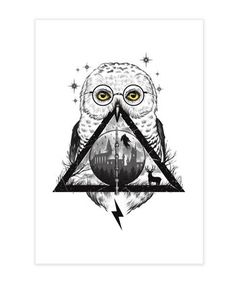 an owl with yellow eyes is sitting on top of a triangle and has lightning coming out of it