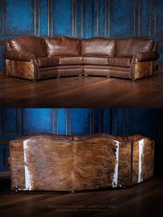 two different pictures of a couch with leather upholstered on the back and sides