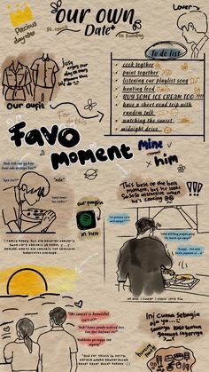 a poster with different types of writing on it's sides and the words favo moment