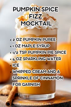 pumpkin spice fizz mochail recipe in a tall glass with whipped cream and cinnamon for garnish