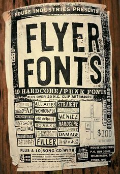 a poster on a telephone pole that says flyer font's written in black and white