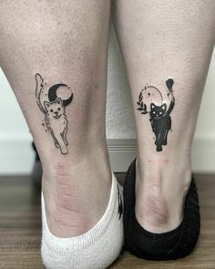 two tattoos on the legs of people with cat and moon tattoo designs on their feet