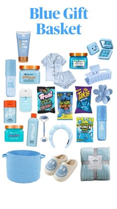 the blue gift basket is packed with baby items and accessories for its little one's first birthday