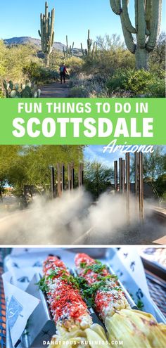 some food is sitting on a table with cactus in the background and text overlay that reads fun things to do in scottsdale