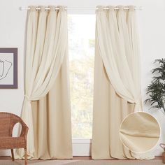 a living room filled with furniture and a window covered in white drapes next to a potted plant