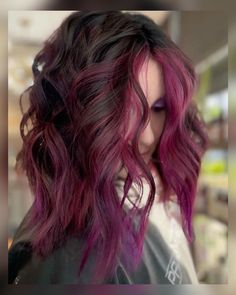 Purple Hair For Fall, Good Colors To Cover Grey Hair, Haircolor Ideas 2023 Fall, Vibrant Peekaboo Hair, Peekaboo Hair Color For Dark Hair, Fun Brunette Hair Color Ideas For Fall, Red Violet Highlights On Dark Hair, Red Purple Balayage, Bright Colored Hair Ideas