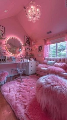 a room with pink carpet and furniture in it, all lit up by lights on the ceiling