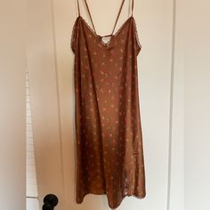 Never Worn Cherry Mini Slip Dress Spring Sheer Silk Slip Dress, Spring Brown Fitted Slip Dress, Brown Silk Summer Dress, Fitted Brown Slip Dress For Spring, Brown Sleeveless Slip Dress For Spring, Sleeveless Brown Slip Dress For Spring, Brown Silk Midi Dress For Summer, Brown Sheer Spring Dress, Spring Sheer Brown Dress