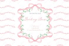 a wedding card with pink ribbons and bows on it's border, in the middle of