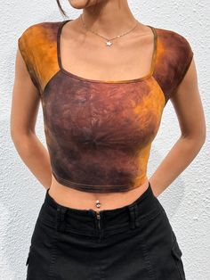 Multicolor Casual Collar Cap Sleeve Knitted Fabric Tie Dye  Embellished Medium Stretch  Women Clothing Women T Shirts, Tie Dyed, Cap Sleeve, Women Clothing, Cap Sleeves, Batik, Knitted Fabric, Tie Dye, Womens Shirts