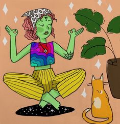 a drawing of a woman sitting on the ground next to a cat and potted plant