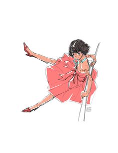 a drawing of a woman in a red dress holding a knife and wearing high heels