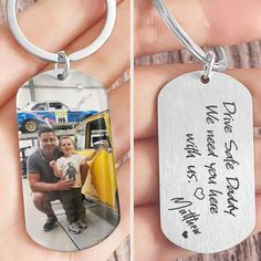 two pictures of a man and his dog are shown in this keychain that has the same photo on it