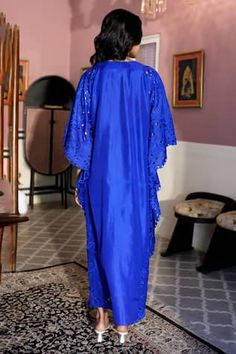 Blue silk kaftan with floral cutwork embroidered sleeve detailing. - Aza Fashions Floral Cutwork, Kaftan Women, Radhika Madan, Rhea Kapoor, Mira Rajput, Sanya Malhotra, Rohit Bal, Parineeti Chopra, Silk Kaftan