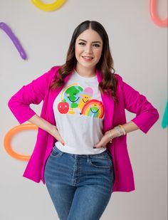 a woman standing with her hands on her hips in front of paper clips and scissors