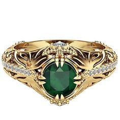 a gold ring with green stone and diamonds on the side, next to it is an image of a woman's hand