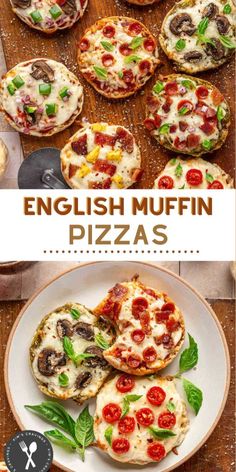 english muffin pizzas with spinach leaves and tomato sauce on top are shown