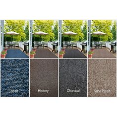 several different colors of carpet with an umbrella