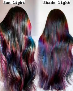 Oil Spill Hair Brunettes, Rainbow Money Piece Hair, Unusual Hair Colours, Rainbow Peekaboo Hair, Rainbow Prism Hair, Prism Hair Color, Stained Glass Hair, Prism Hair, Oil Slick Hair Color