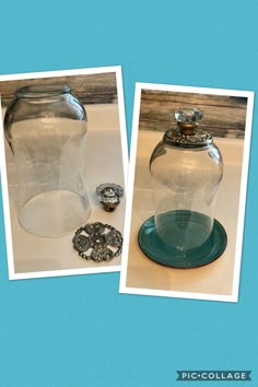 two pictures of an empty glass jar and some other items on a table with blue background