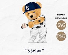 a brown teddy bear wearing a baseball uniform and holding a bat with the words strike on it