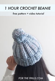 a woman wearing a knitted hat with the text, 1 hour crochet beanie