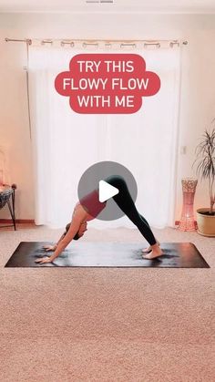 a woman is doing yoga in front of a window with the words try this flow with me