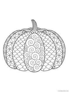 a black and white drawing of a pumpkin with swirly designs on the front side