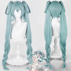 an anime wig with long blue hair and braids on display in front of a white mannequin