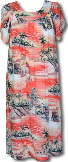 Paradise Island Surf Hawaiian MuuMuu, (Kaftan / Caftan), Pull-Over head House Dress with Petal Sleeves, pocket, Regular & Plus Sizes, tea length Created in Blue and Coral/Orange. Free shipping from Maui, Hawaii.  MauiShirts search box stock number:  W140O-078