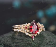 Vintage Pear Red Ruby Engagement Ring Solid 14k Rose Gold Twig Leaf Floral Antique Unique Cluster Diamond Bridal Wedding Ring Set Women Gift - Etsy Ruby Ring Vintage Red Antique Jewelry, Ruby And Gold Engagement Ring, Red Rings Engagement, Ruby And Gold Ring, Red And Gold Ring, Opal And Ruby Ring, Engagement Rings With Ruby, Diamond And Ruby Engagement Rings, Wedding Rings Ruby