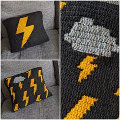 crocheted lightning blanket and pillow on a gray couch with two pictures of it