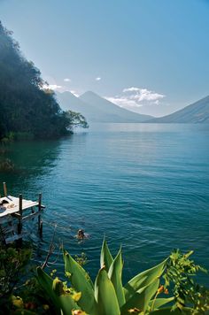 there is a dock on the water with people swimming in it and mountains in the background