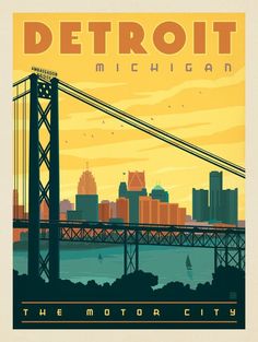 an old poster advertising detroit, michigan with the city's skyline in the background