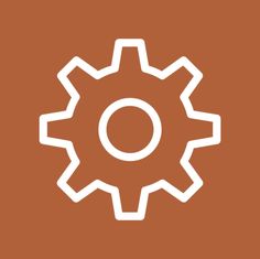 a white gearwheel icon on an orange background with the word o in it's center