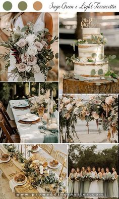 a collage of wedding photos with flowers and greenery on them, including an assortment of