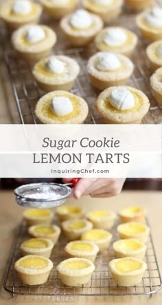 sugar cookie lemon tarts on a cooling rack with a person holding a spoon in front of them