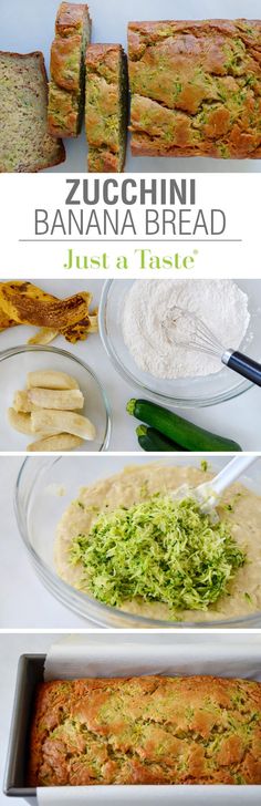 zucchini banana bread is cut into slices and placed in pans with other ingredients