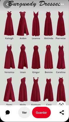 the different types of dresses are shown in this image, and there is also an info sheet