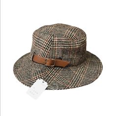 Tweed Bucket Hat Nwt One Size Brown Tweed With Subtle Black And Red And Side Buckle Detail New Never Worn ~ A Perfect Addition To Your Wardrobe For Fall And Winter New With Tags Brown Tweed Hat For Fall, Fall Tweed Hat With Short Brim, Curved Brim Hats For Fall Workwear, Classic Plaid Hat For Fall, Casual Brimmed Hat For Work, Classic Plaid Fall Hat, Workwear Fedora Hat For Fall, Adjustable Plaid Hat For Fall, Fall Fedora Hat For Workwear