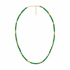 The Auren green onyx necklace features 3.00 mm natural green onyx beads in a mesmerising emerald green colour. It is available in 14 ct gold filled. This beautiful necklace can be worn on its own to add a bit of colour and sparkle to your outfit, stacked with other gemstone necklaces for a bohemian look, or simply incorporated into your favourite stack. It is also an excellent gift for those born in May. Beads: approx. 3.00 mm green onyx beads, 2.5 mm 14 ct gold filled beads. Finish: 14 ct. gold-filled Length: Adjustable length Options Available 40/45 cm; 45/50 cm; 50/55 cm; 55/60 cm Gemstone: Green Onyx is a variety of chalcedony dyed rich green colour. Packaging: Our jewellery arrives in beautiful letterbox-friendly packaging made from sustainable FSC® certified materials. All items come Emerald Green Colour, Green Onyx Necklace, Born In May, Uk Brands, Gemstone Necklaces, Onyx Necklace, Bohemian Look, Rich Green, Necklace Beaded