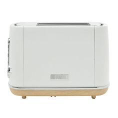 the toaster is white and has wood trimmings on it's sides