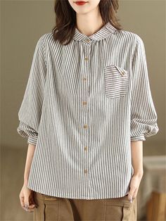 Description Product ID: TP2033514 Material: Cotton, Linen Pattern: Stripe Sleeve: Long Sleeve Closure Type: Button Season: Spring, Autumn Style: Casual Occasion: Daily, Office, Gifts Package included: 1 * Shirt Size Chart(Asian Size): Please allow 1-3 cm measured error. Size Length Chest Shoulder Sleeve Length M 64cm | 25.2 in 104cm | 40.9 in 39cm | 15.4 in 56cm | 22.0 in L 65cm | 25.6 in 108cm | 42.5 in 40cm | 15.7 in 57cm | 22.4 in XL 66cm | 26.0 in 112cm | 44.1 in 41cm | 16.1 in 58cm | 22.8 in XXL 67cm | 26.4 in 116cm | 45.7 in 42cm | 16.5 in 59cm | 23.2 in Casual Striped Office Blouse, Casual Striped Blouse For The Office, Casual Blouse With Buttons, Casual Blouse With Buttons And Casual Collar, Casual Striped Blouse With Button Cuffs, Linen Pattern, Striped Shirts, Autumn Style, Striped Sleeve